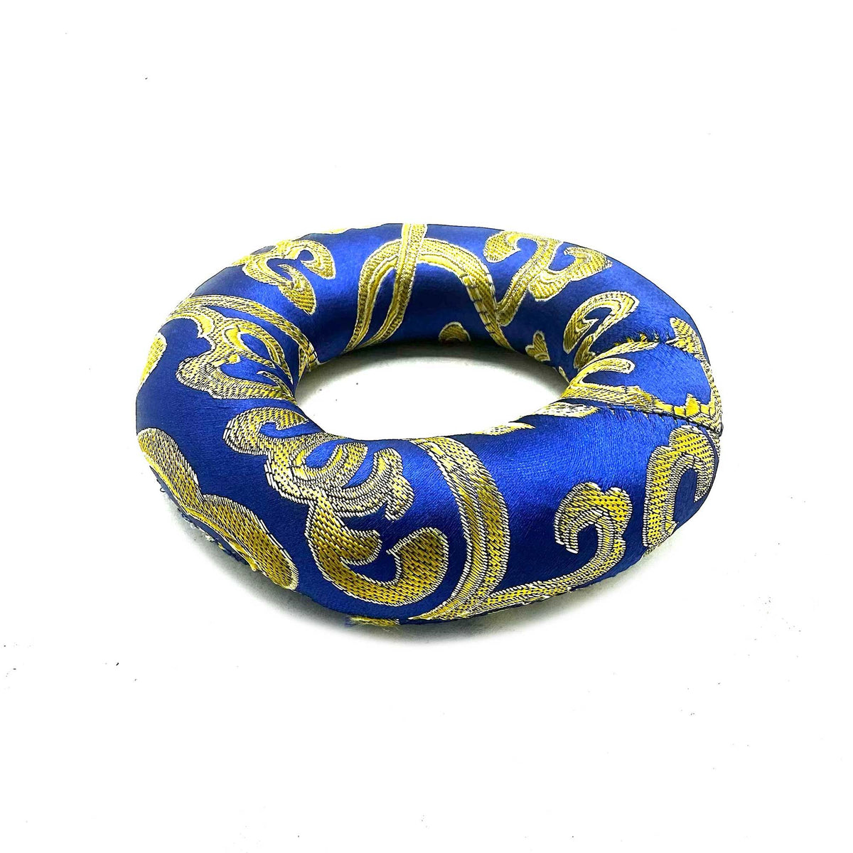 Hoop Cushion 10cm, blue with gold pattern, shown at an angle against a white background