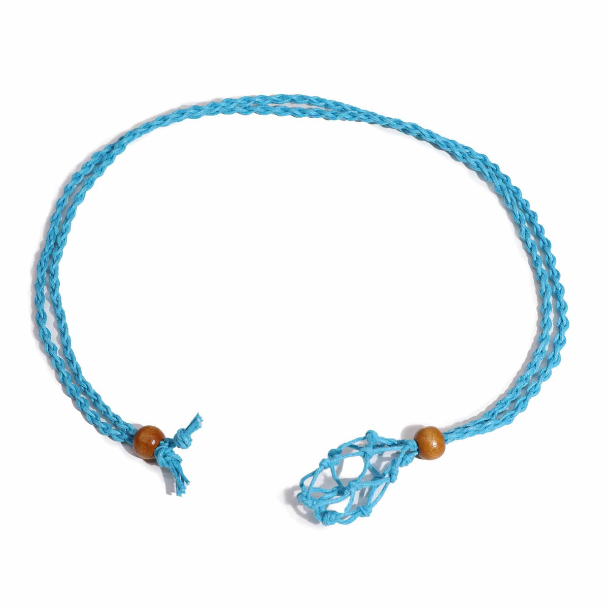 Gemstone Necklace Cord, Blue braided cord laid in a loop, with wooden beads and a knotted loop fastening