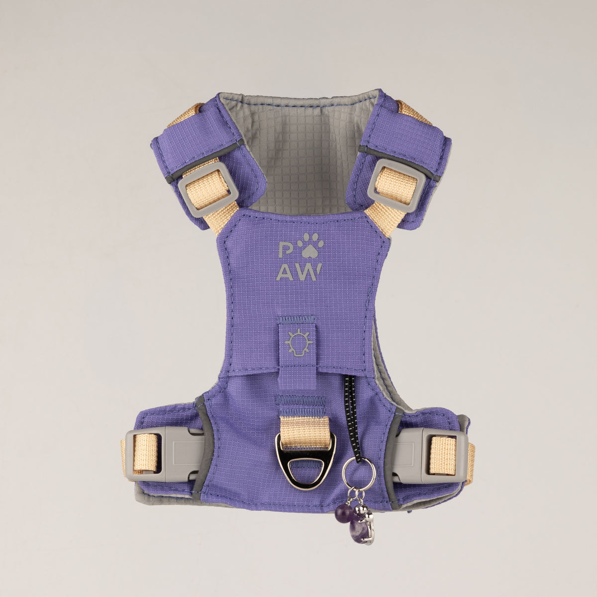 Front view of the lavender harness with adjustable straps