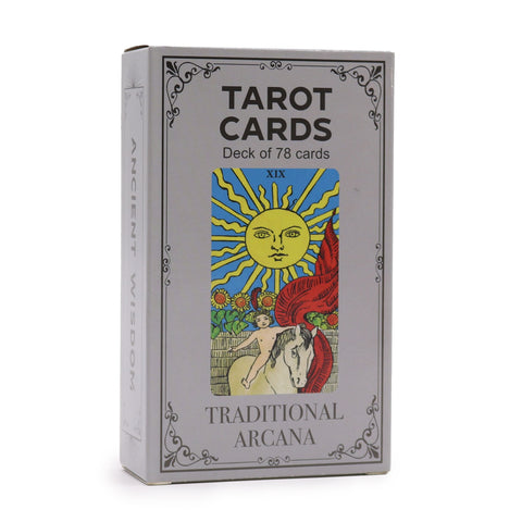 Tarot Cards with Guide Book, Traditional Arcana, grey box shown upright from the front
