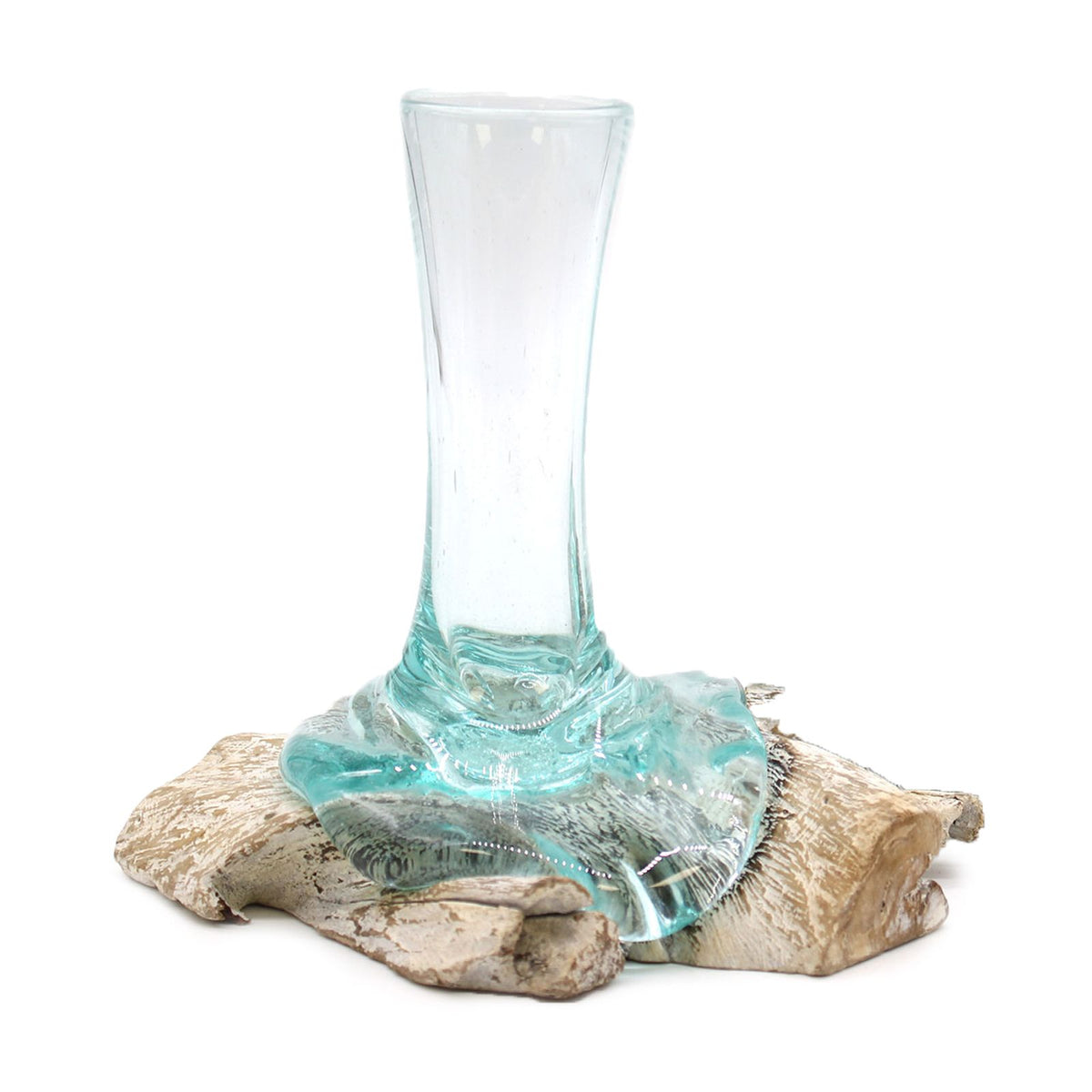 Small aqua glass vase on a pale whitewash wood base, shown alone from the front