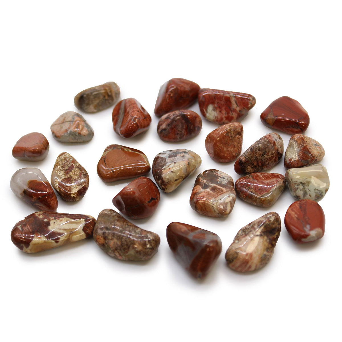 Small African Tumble Stones, Light Jasper, Brecciated, a group of polished stones in varied red, brown and cream