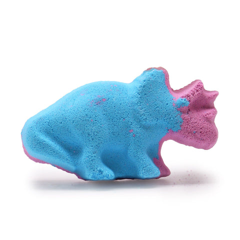 Dinosaur Bathbomb 80g, blue and pink dinosaur-shaped bath bomb shown from the side on white