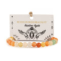 Rainbow Agate bracelet with orange, yellow, cream and green beads on its presentation card