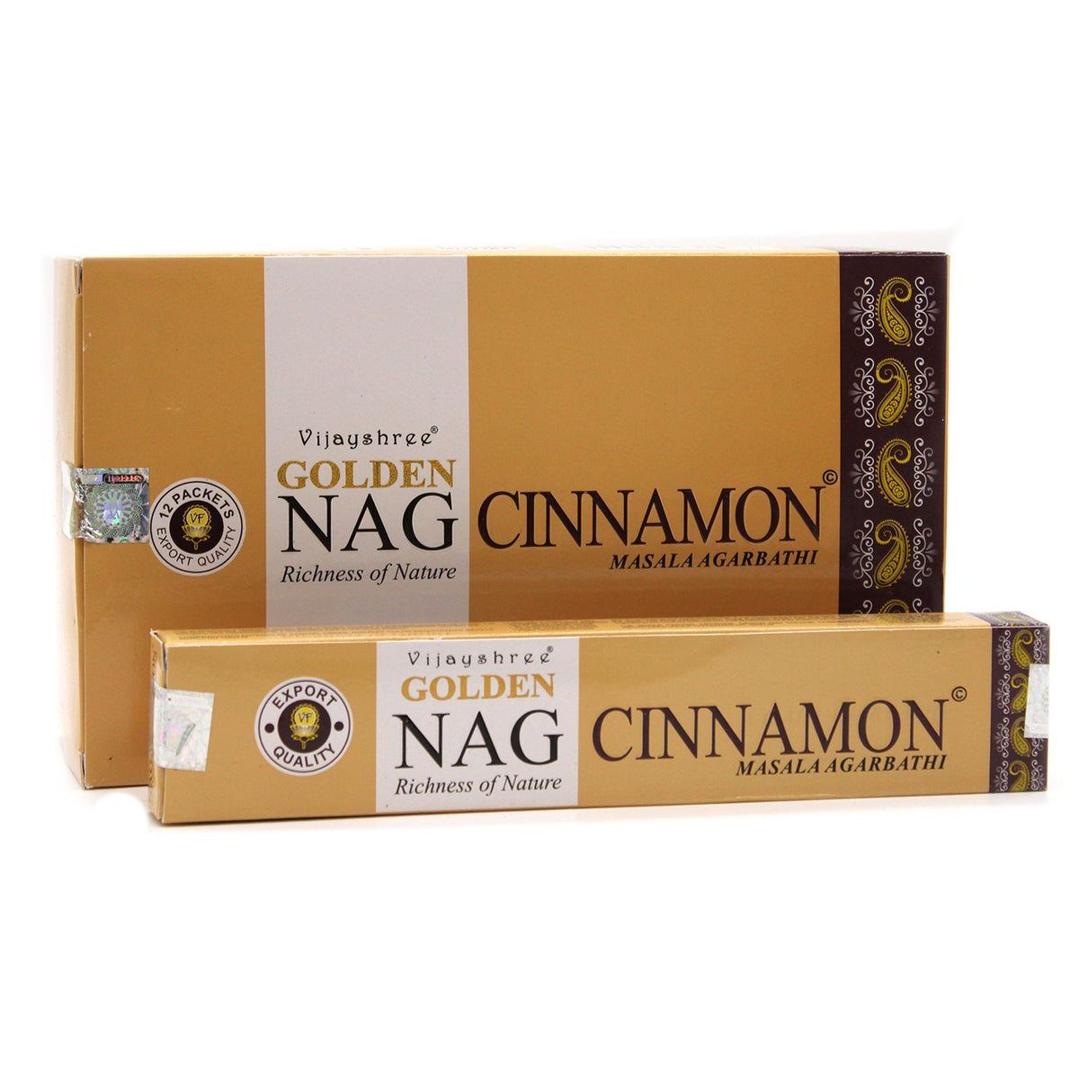 15g Golden Nag, Cinnamon incense in a gold and brown box, shown with a matching packet in front