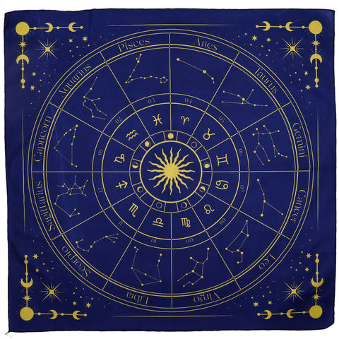 Tarot Reading Cloth, Zodiac, full view of a navy cloth with a gold zodiac wheel and star patterns
