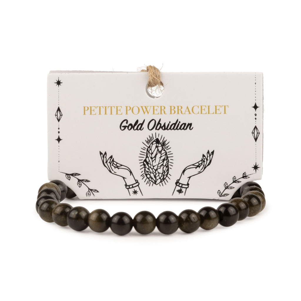 Gold Obsidian bracelet with dark polished beads on its presentation card