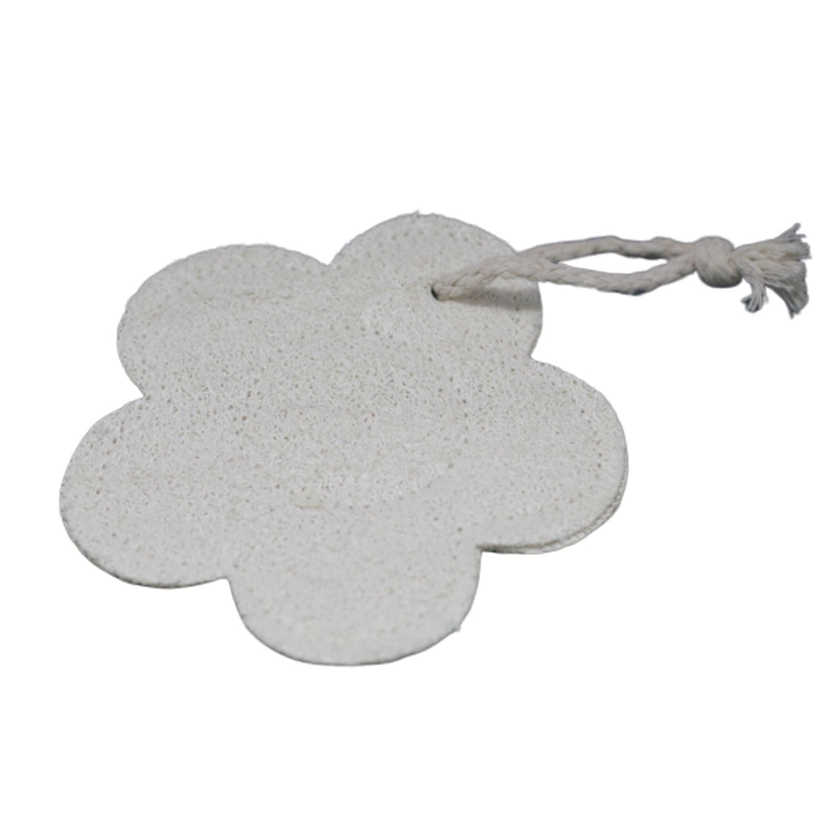 Natural Loofah Body Scrubs, Flower, pale flower-shaped scrub with a twisted hanging cord on white