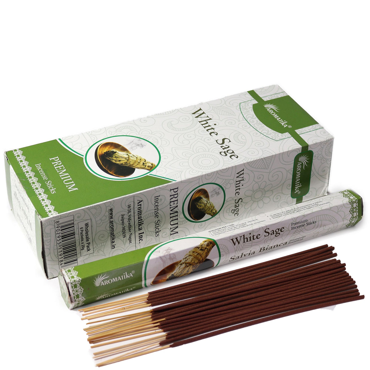 Aromatika Charcoal Free Hex Incense, White Sage, green and white boxes with brown sticks laid in front