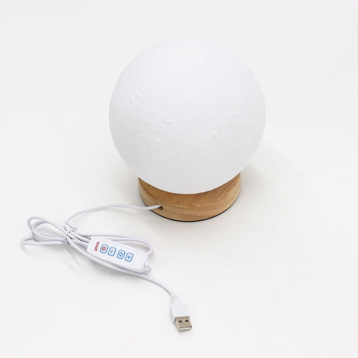 New Wave Lamp, USB, 3 settings, Moon, white textured globe on a wooden base with its USB cable