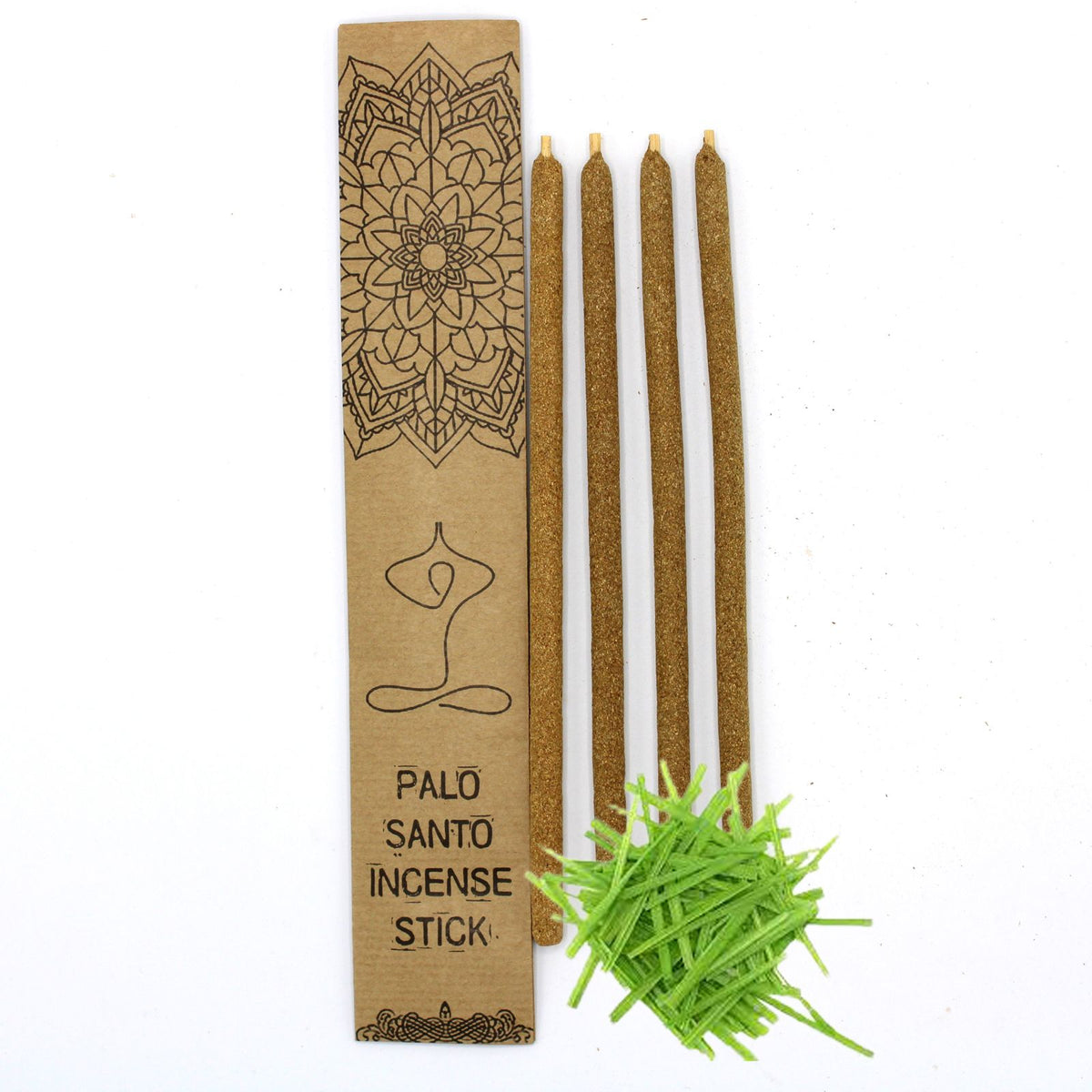Palo Santo Large Incense Sticks, Lemongrass in a printed kraft box beside four brown sticks and green leaves