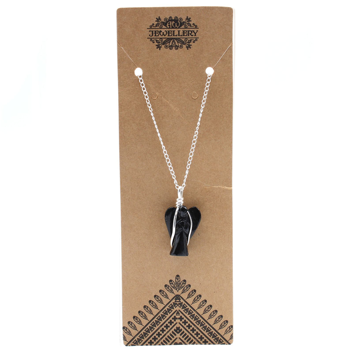 Gemstone Guardian Angel Pendant, Black Agate on a silver-coloured chain, displayed on a brown jewellery card