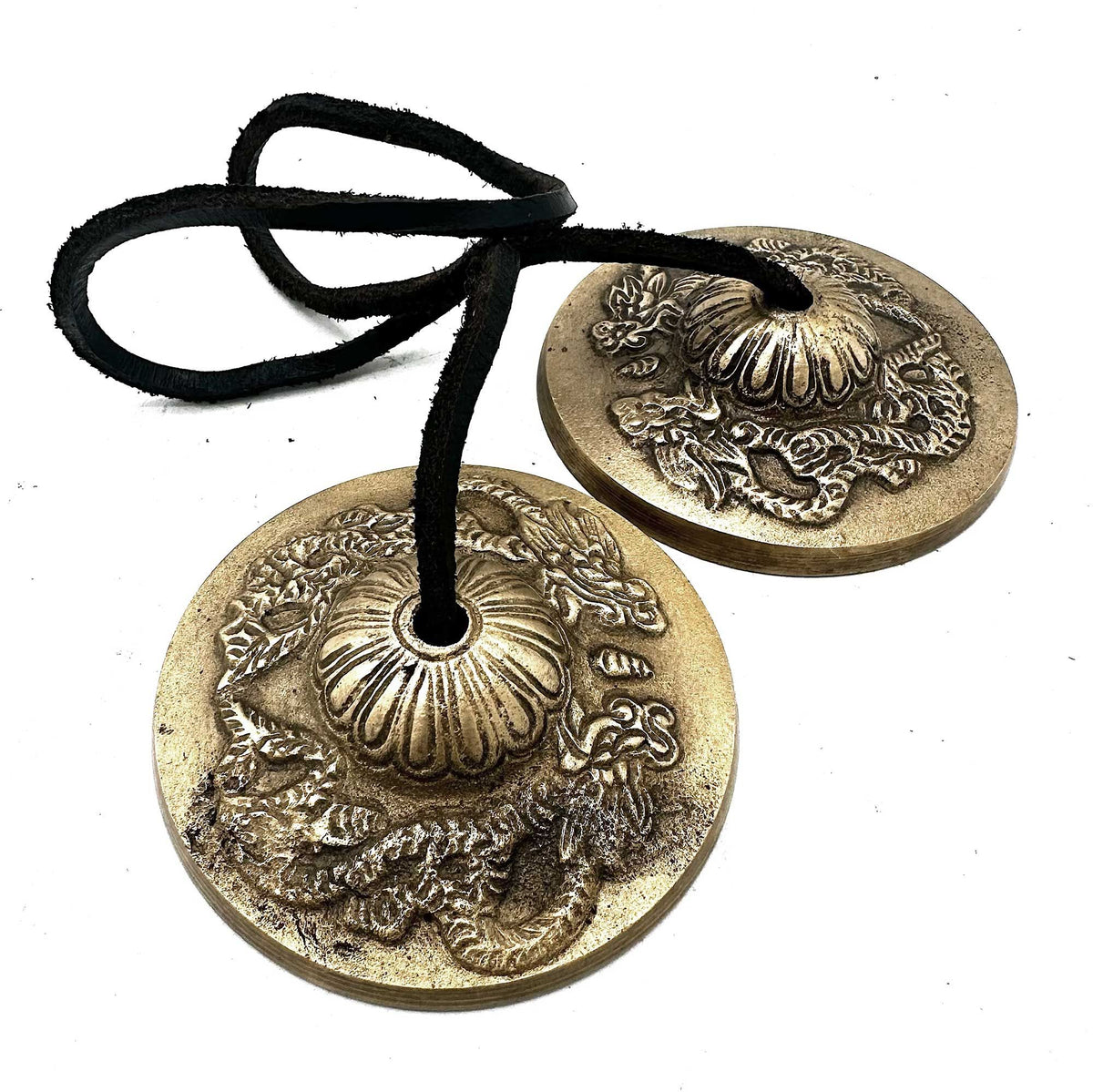 Tibetan Tingsha- Dragon, approx 7.4cm, two brass-coloured bells with dragon relief joined by a black cord