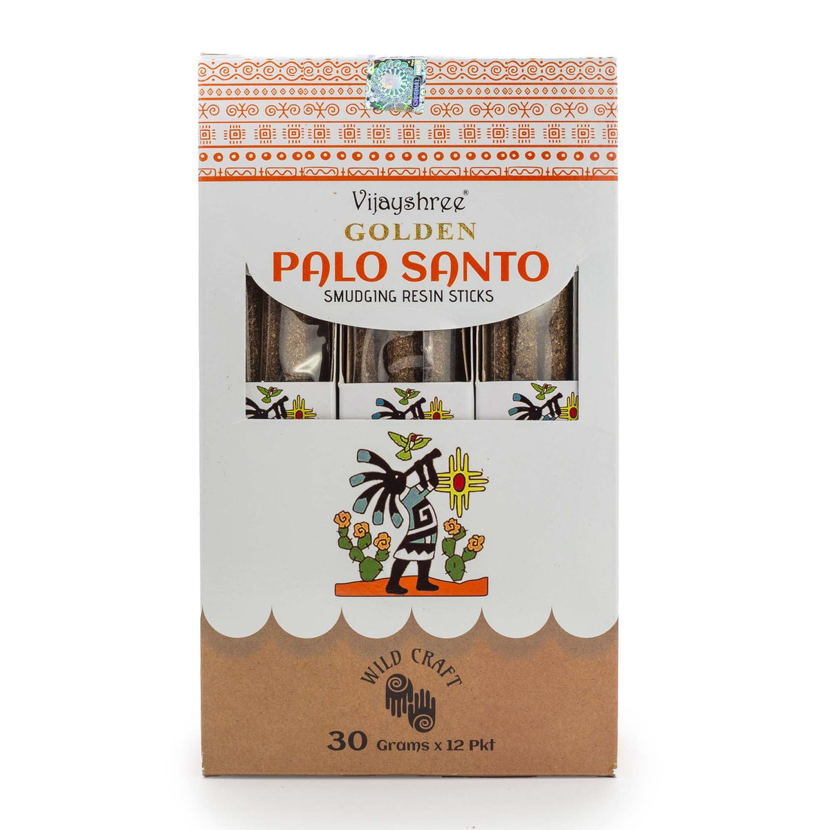 Golden Palo Santo Smudging Resin Sticks box straight on, with several sticks visible through front windows