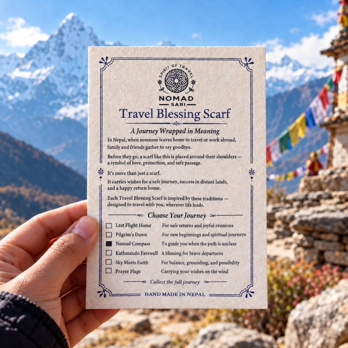 Travel Blessing Scarf card showing its printed journey choices