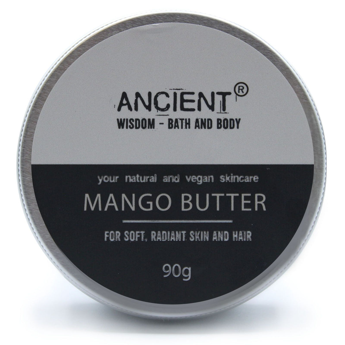 Mango butter tin, lid on, on a white background