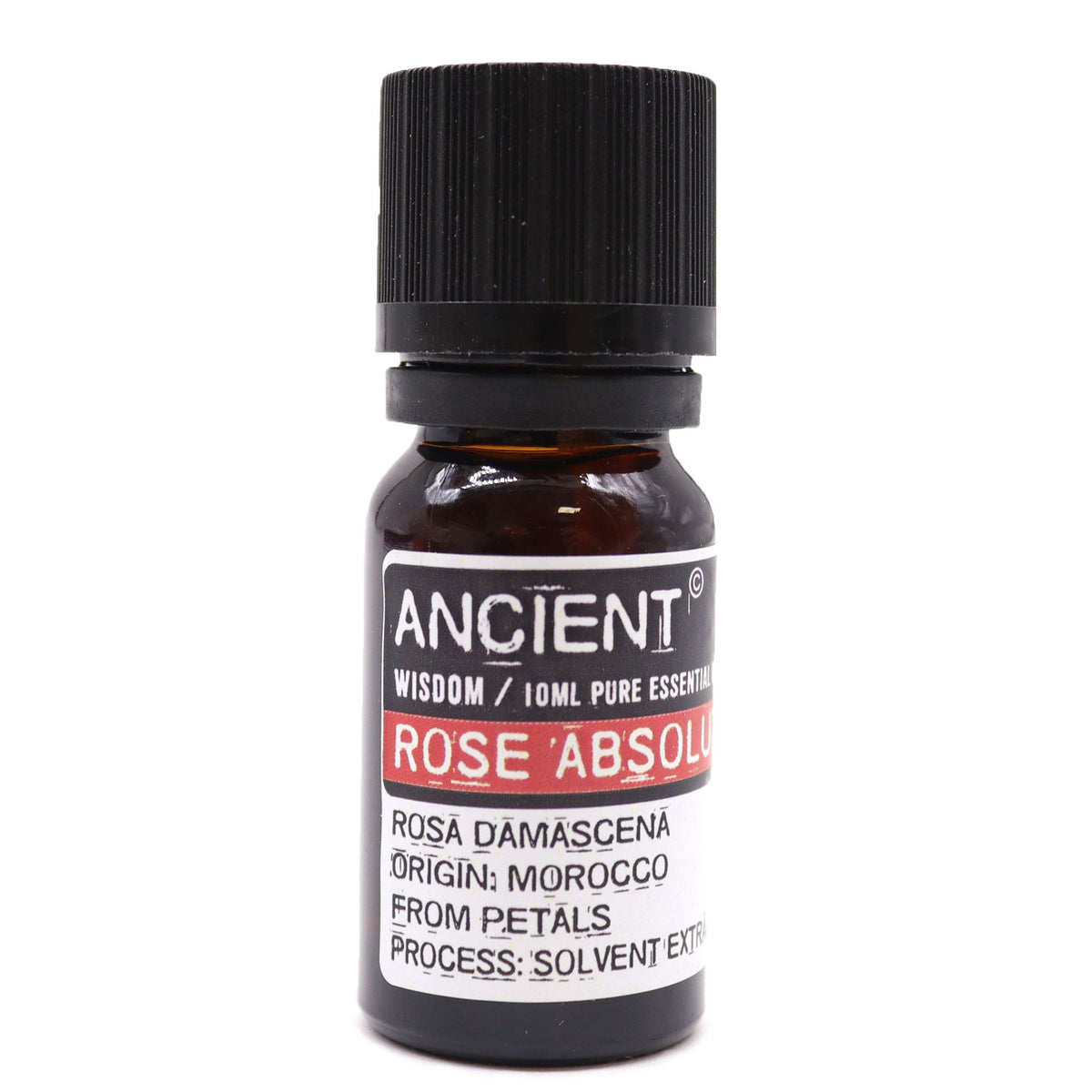 10 ml Rose Absolute Essential Oil in a small dark glass bottle with a black cap and white label