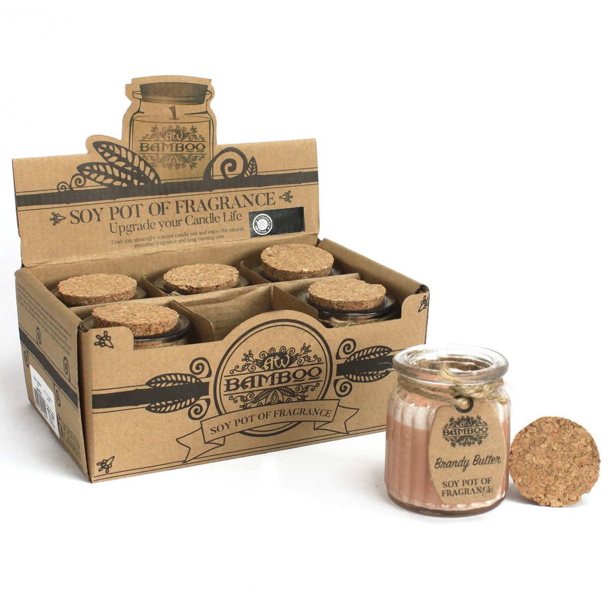 Brandy Butter Soy Pot of Fragrance Candles in a glass jar beside its cork lid and display box