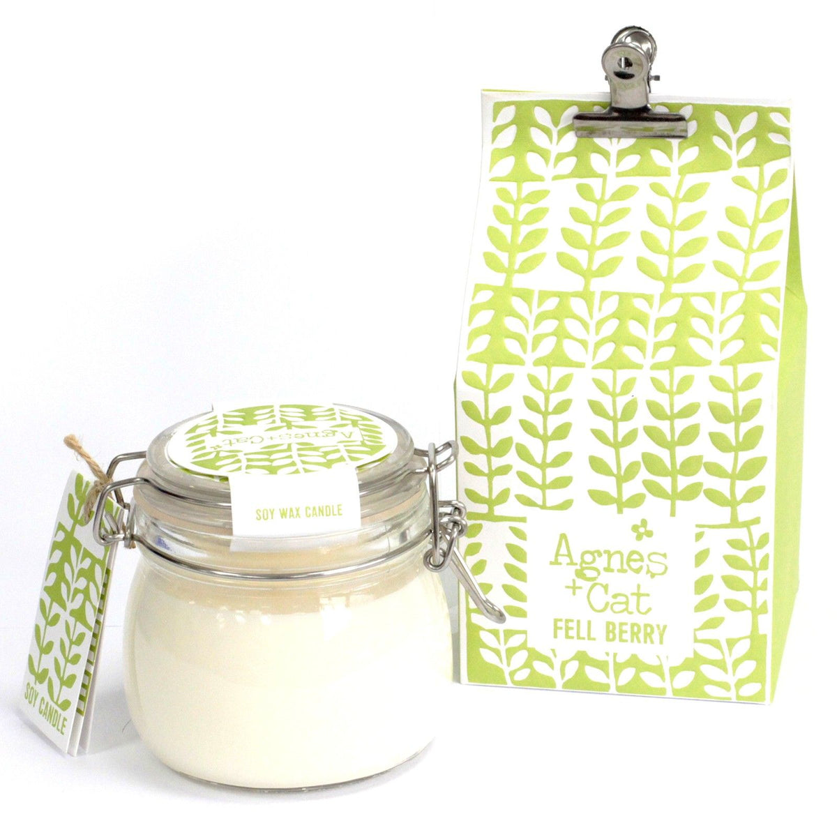 Agnes + Cat Kilner Jar Candle, Fell Berry in a clear glass jar beside its green patterned box