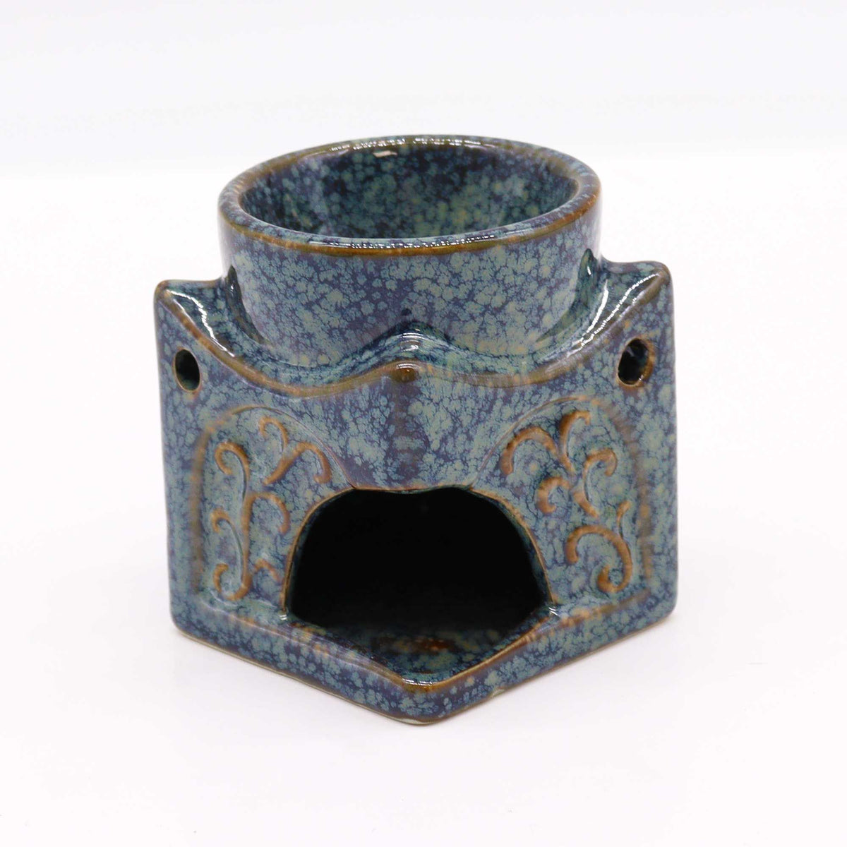 Square Buddha Burner, Dusty Blue, shown from the front with its bowl and arched opening visible