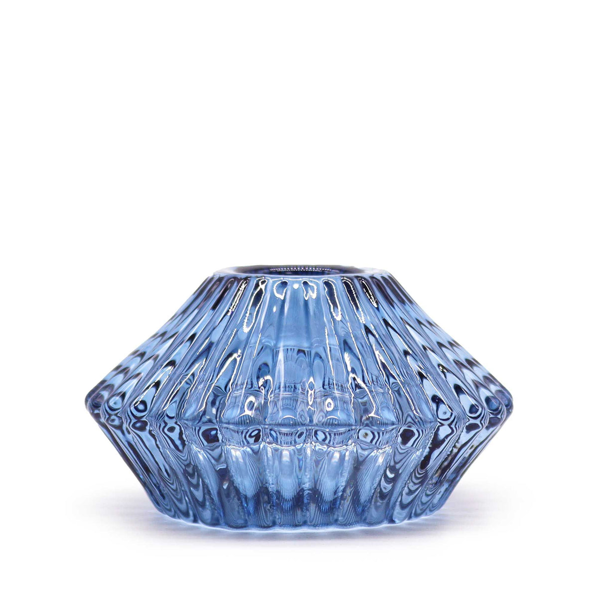 Flower Flip Dinner Candle / Tealight Holder, Royal Blue, closed view with ridged glass sides