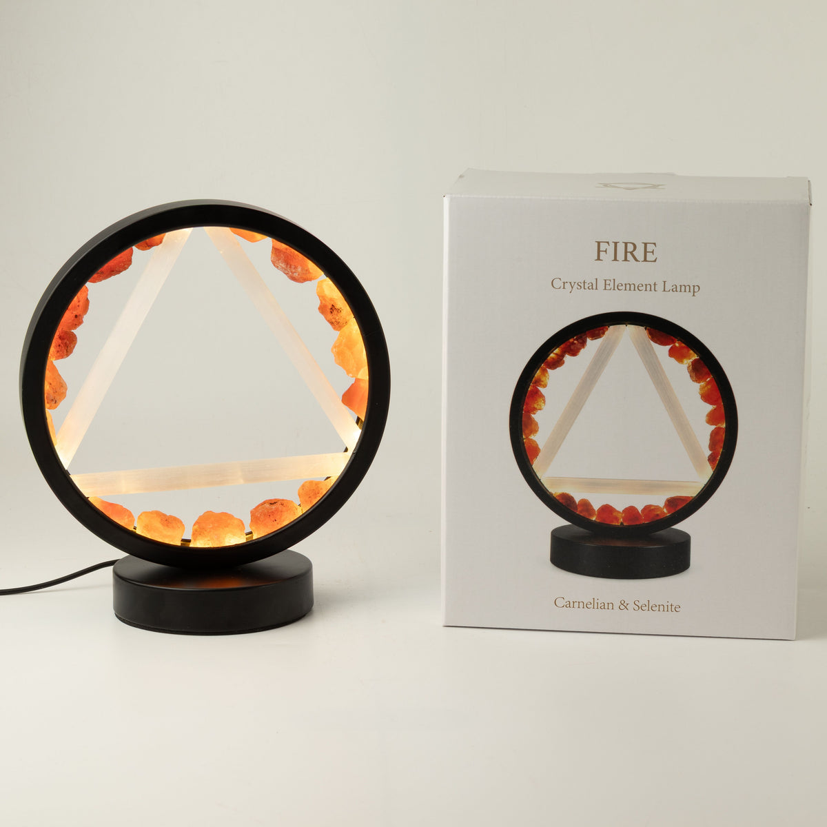 Gemstone Halo Lamp beside its Fire Crystal Element Lamp box