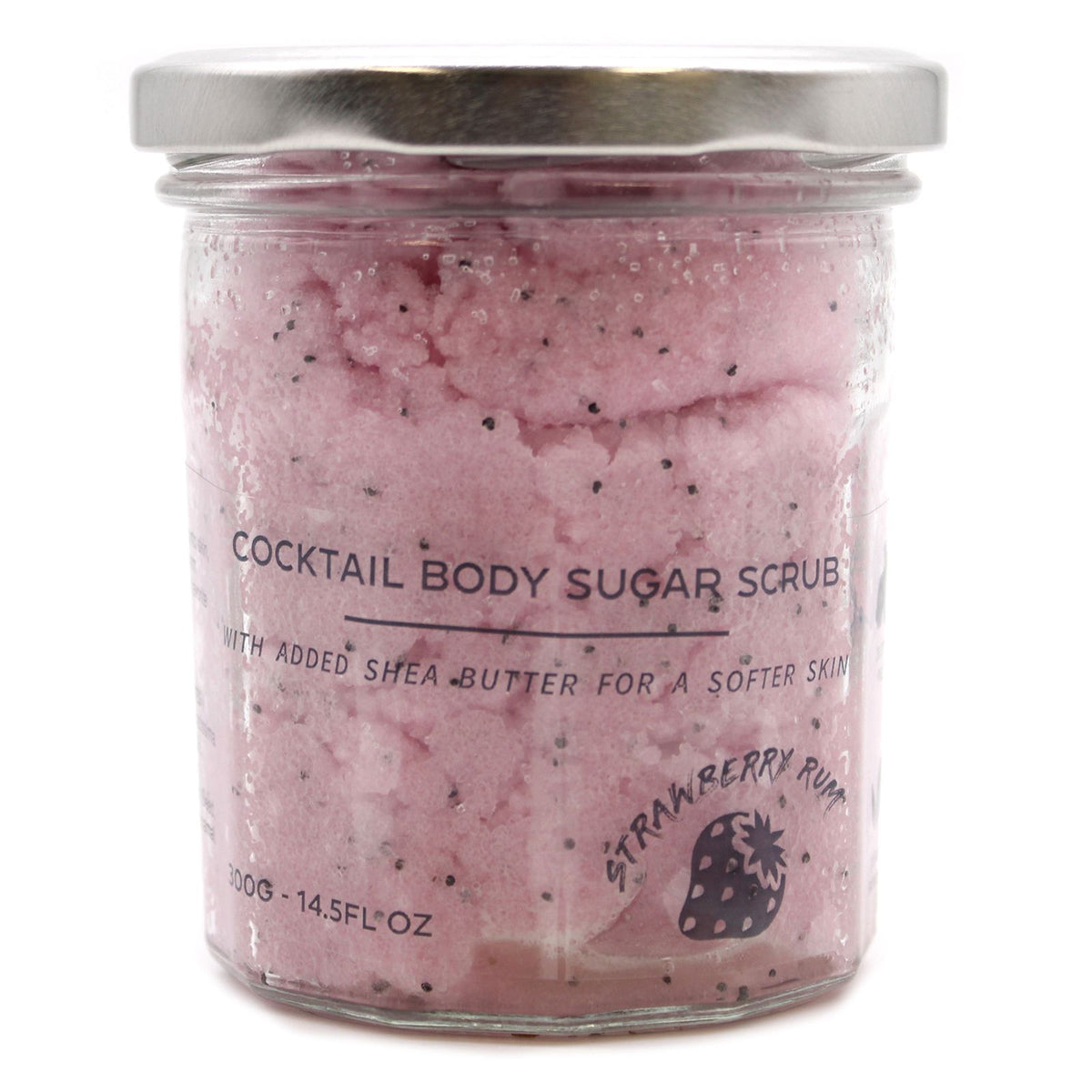 Strawberry Rum sugar body scrub in a closed glass jar, pink scrub visible beneath the silver lid