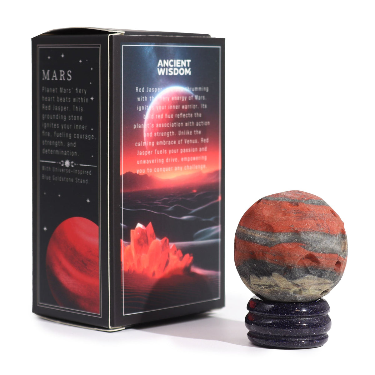 Red and grey banded planet on its stand beside the open illustrated product box