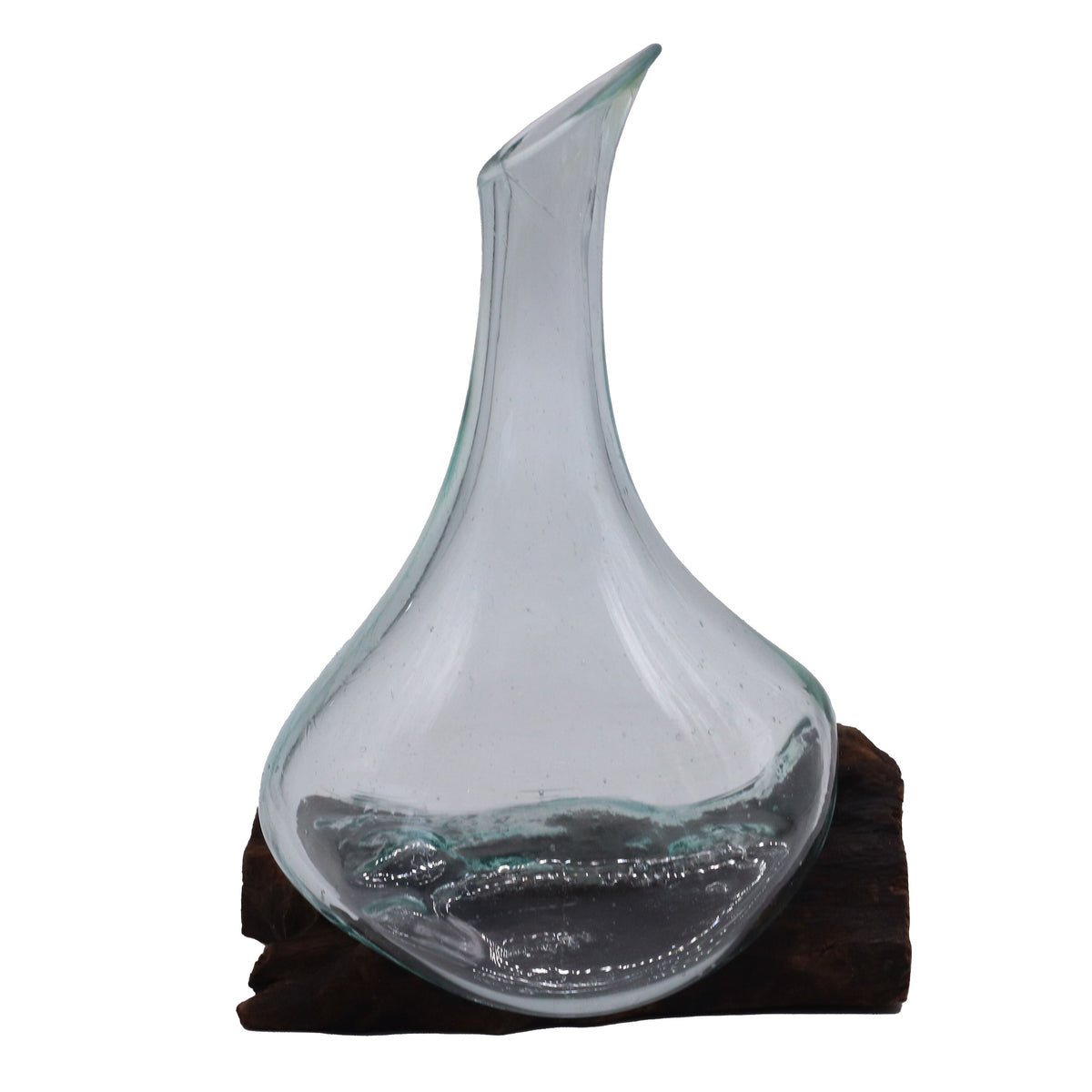 Molten Glass Mini Decanter on Wood 20cm, clear glass with a curved neck on dark wood, front view