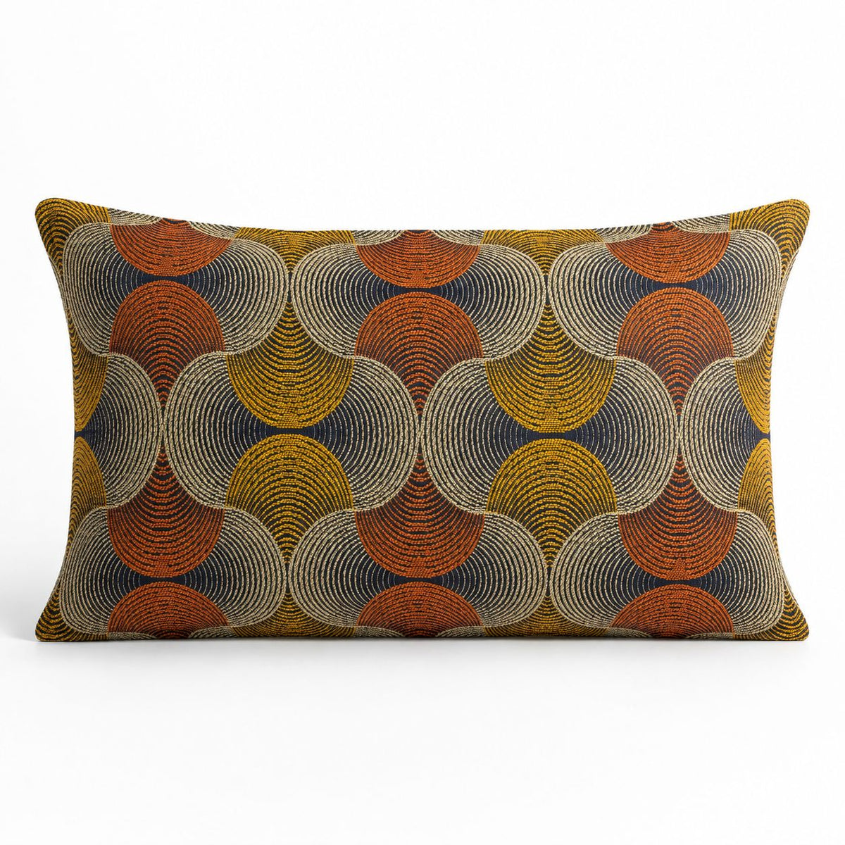 Classic Cushion Cover, Urban Swirl with orange, yellow and grey circular patterns, front view on white