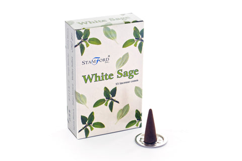 White Sage Cones in a leafy white box beside one dark cone on a metal holder, front view