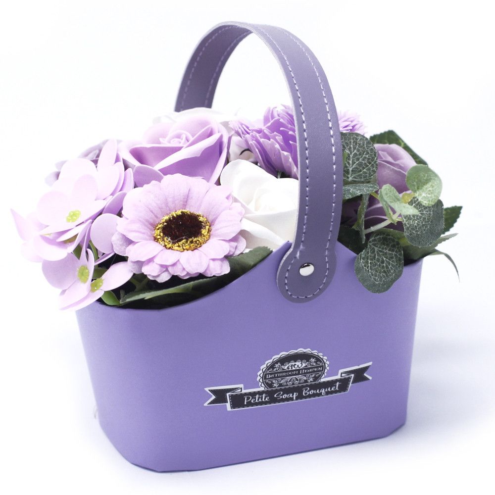 Bouquet Petite Basket, Soft Lavender with a curved handle, filled with pale purple, pink and white flowers