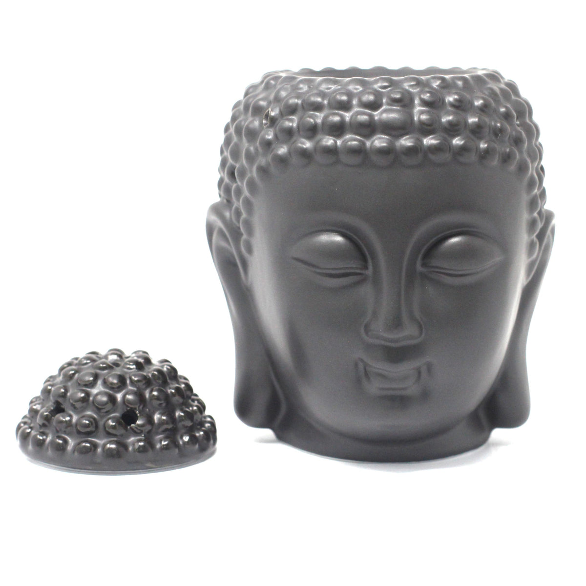 Buddah Head Oil Burner, Dark Brown, front view with its textured lid beside the open head