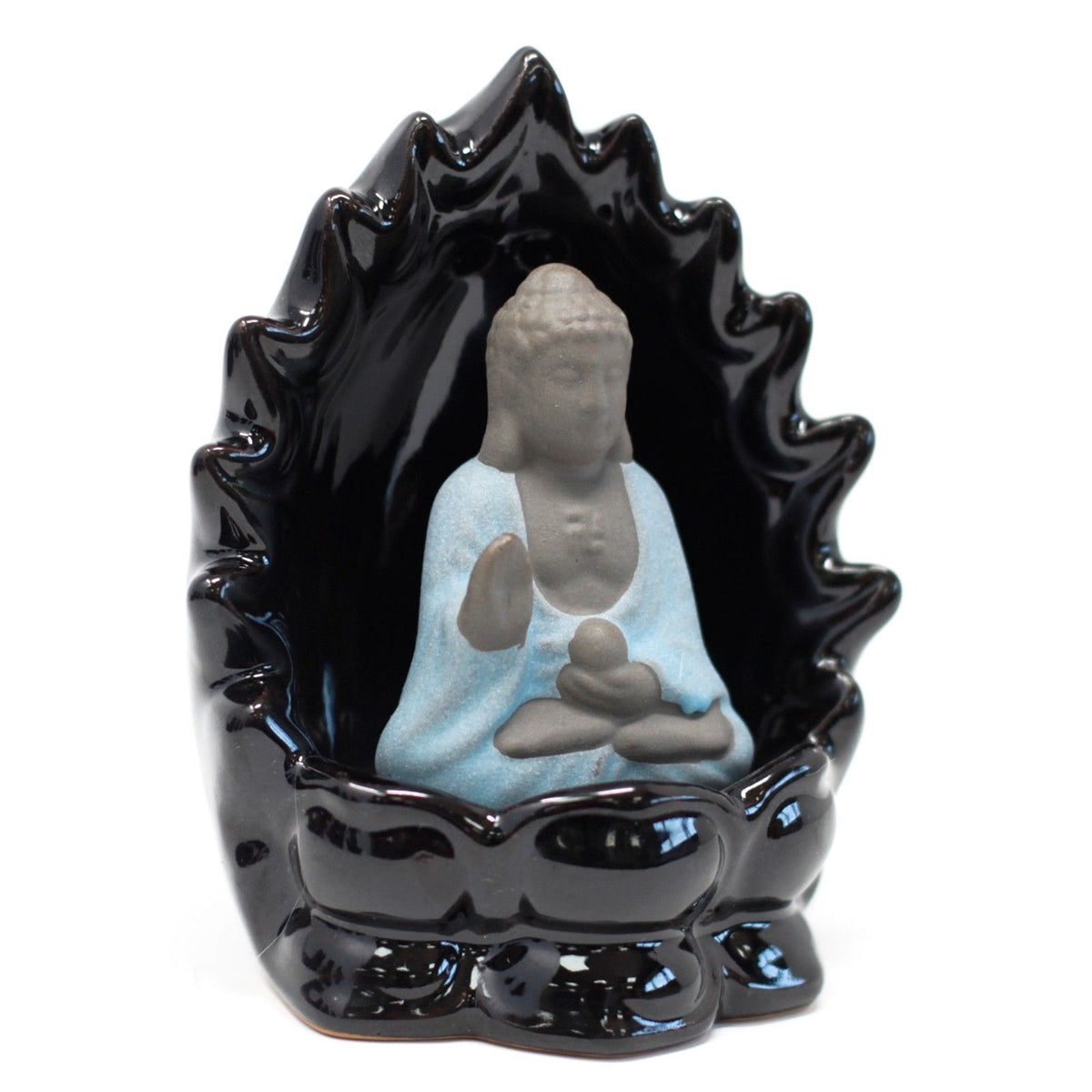 Buddha backflow burner, glossy black dish with a pale blue-robed figure, shown from a slight angle