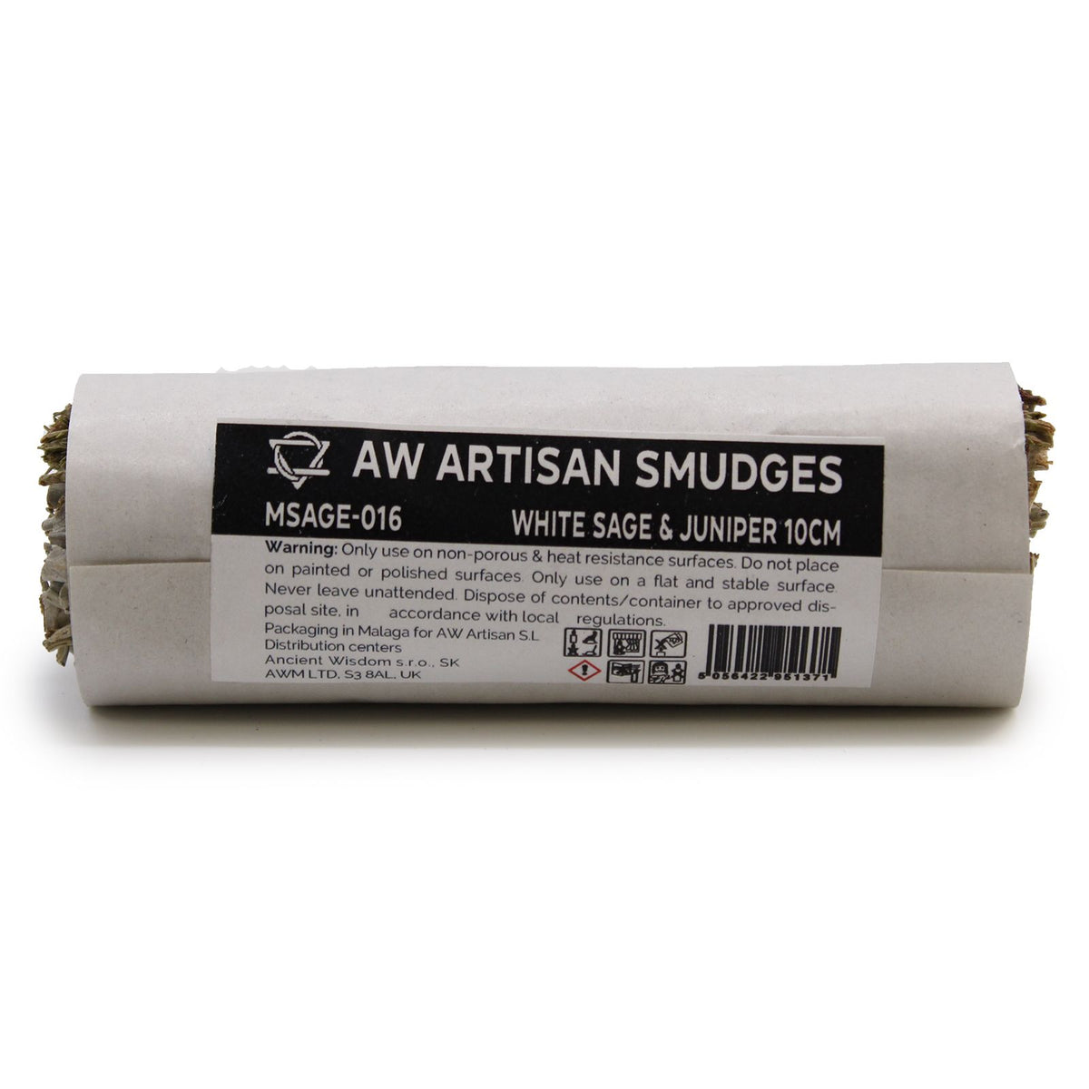 Smudge Stick, White Sage & Juniper 10cm in white paper wrapping, with the label facing forwards