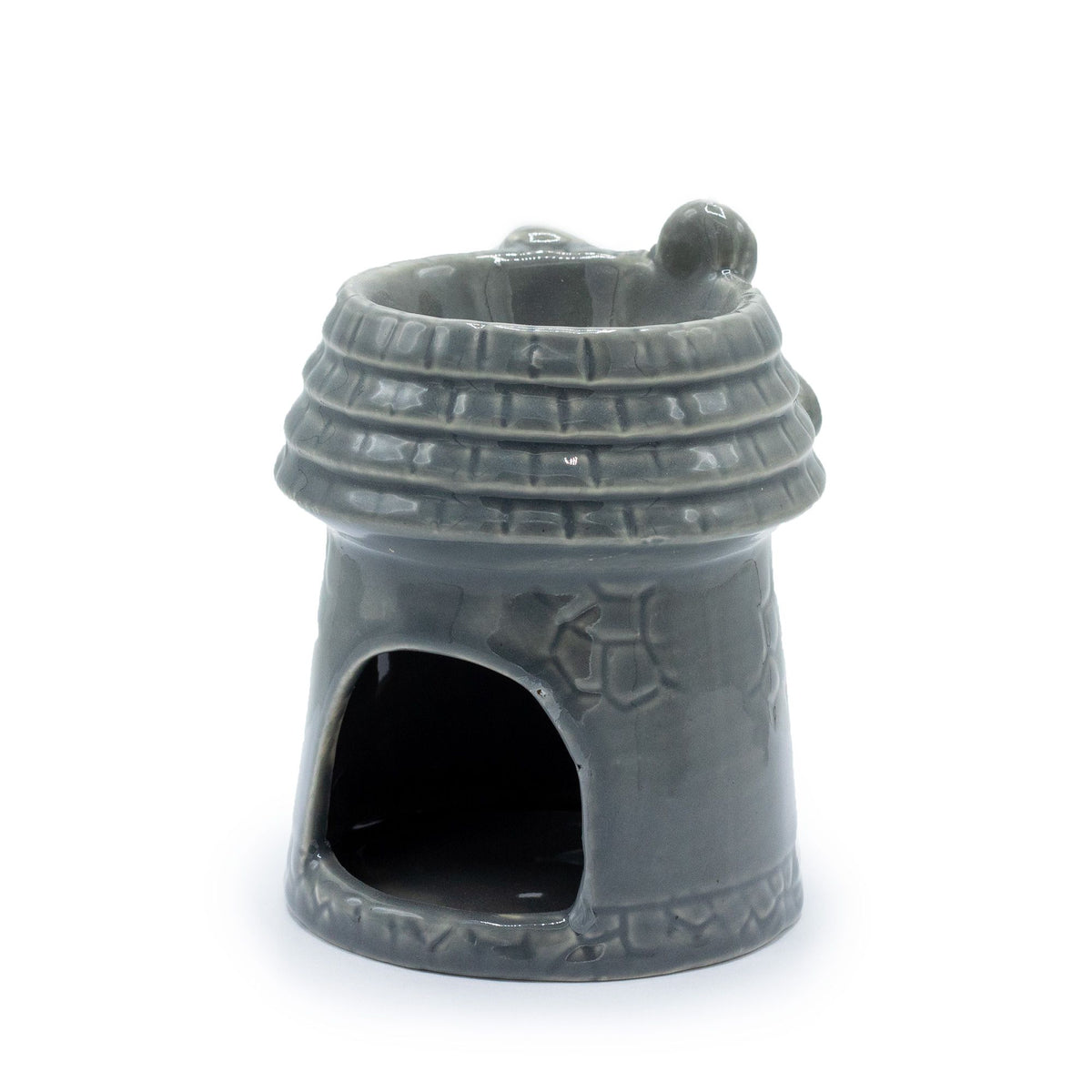 Windmill Oil Burner, Grey, front view showing the open burner dish and arched opening