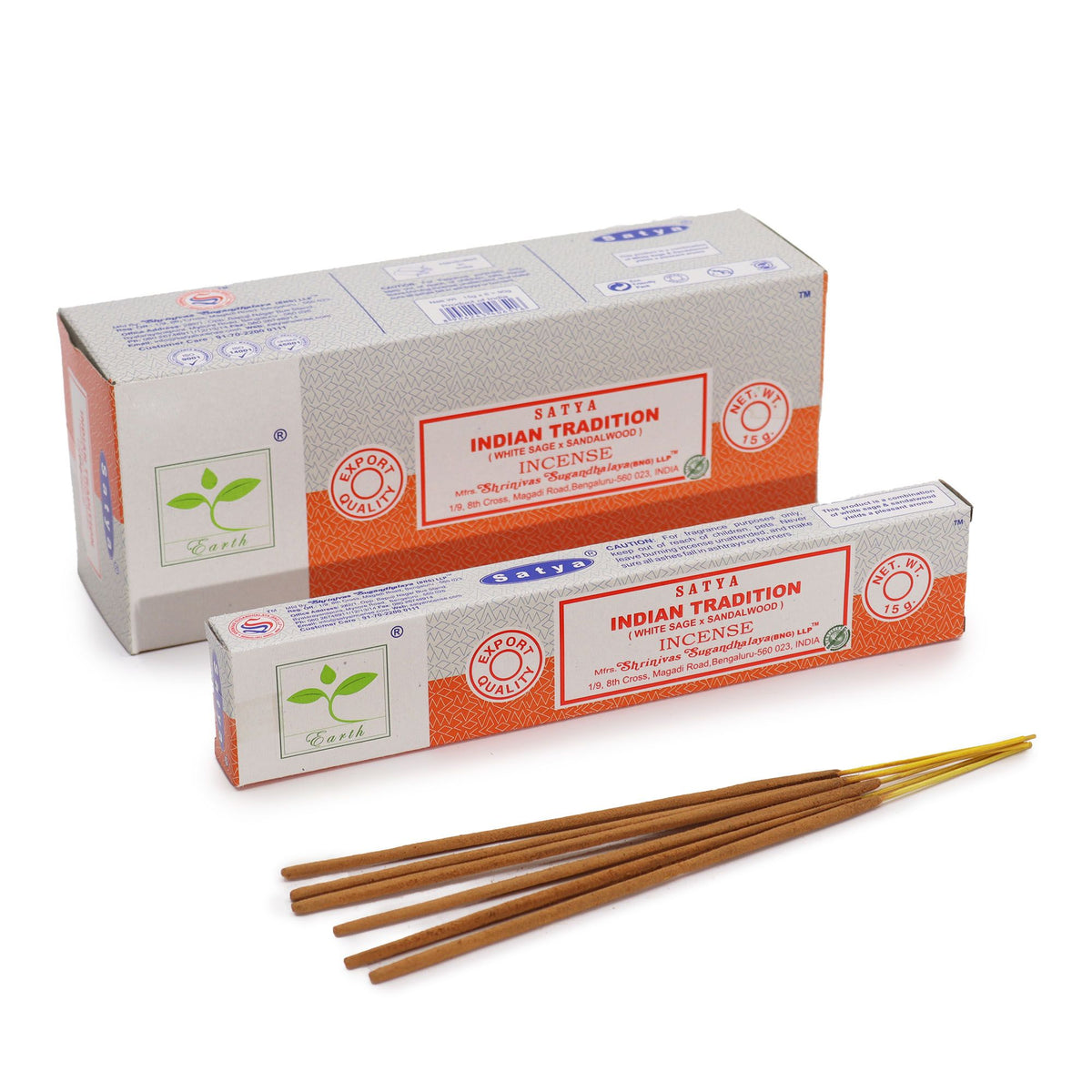 Satya Incense 15gm, Indian Tradition box and loose brown incense sticks on a white background