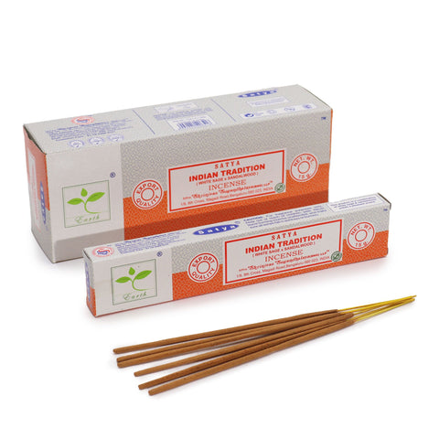 Satya Incense 15gm, Indian Tradition box and loose brown incense sticks on a white background