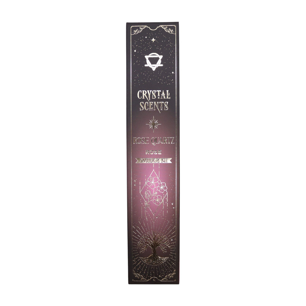Rose Quartz incense in its tall narrow black box, shown upright with the front design visible
