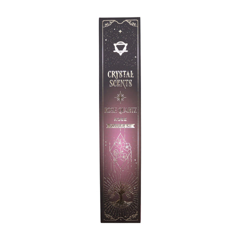 Rose Quartz incense in its tall narrow black box, shown upright with the front design visible