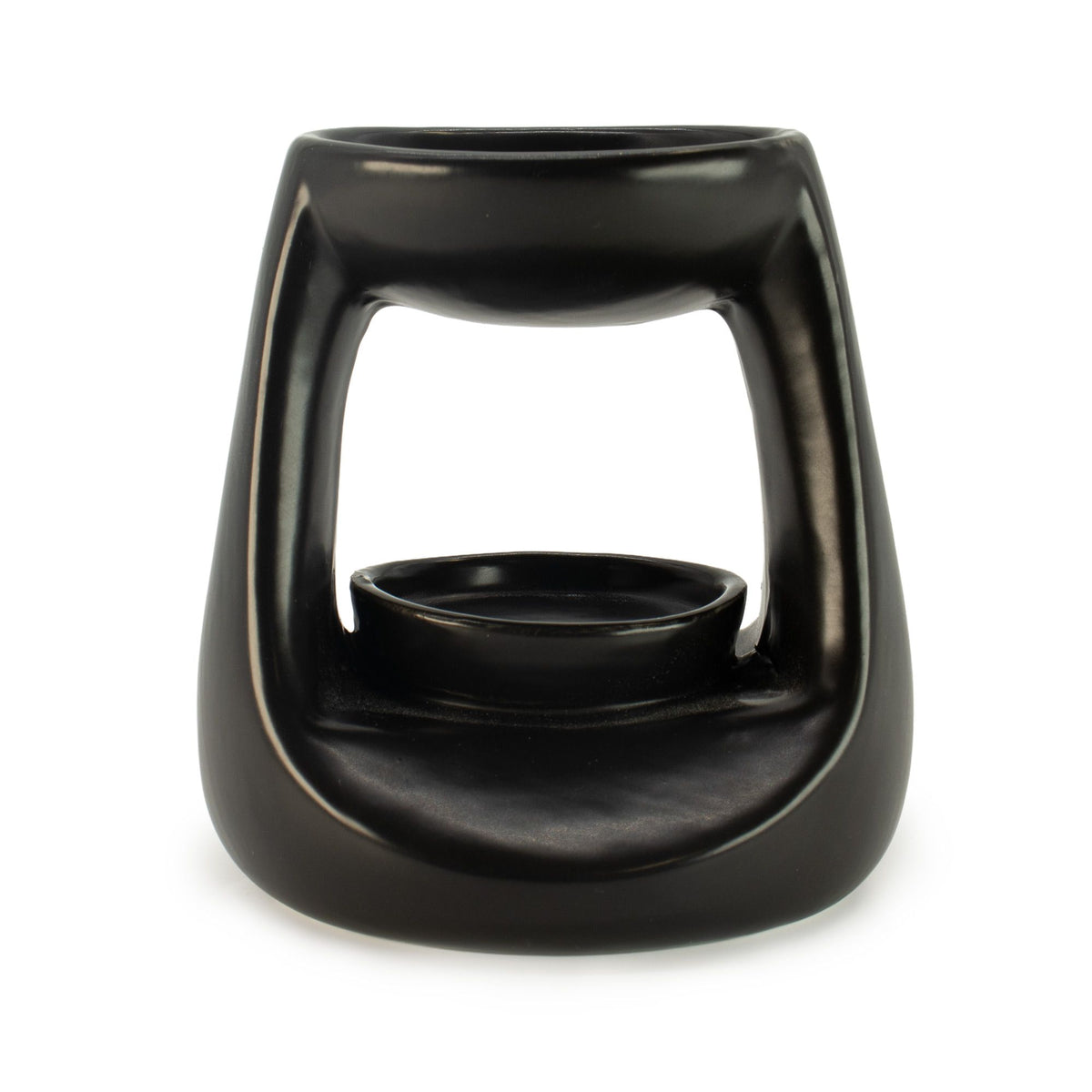 Ceramic Zen Oil Burner, Small Classic, Matt Black, front view showing its open frame and inner dish