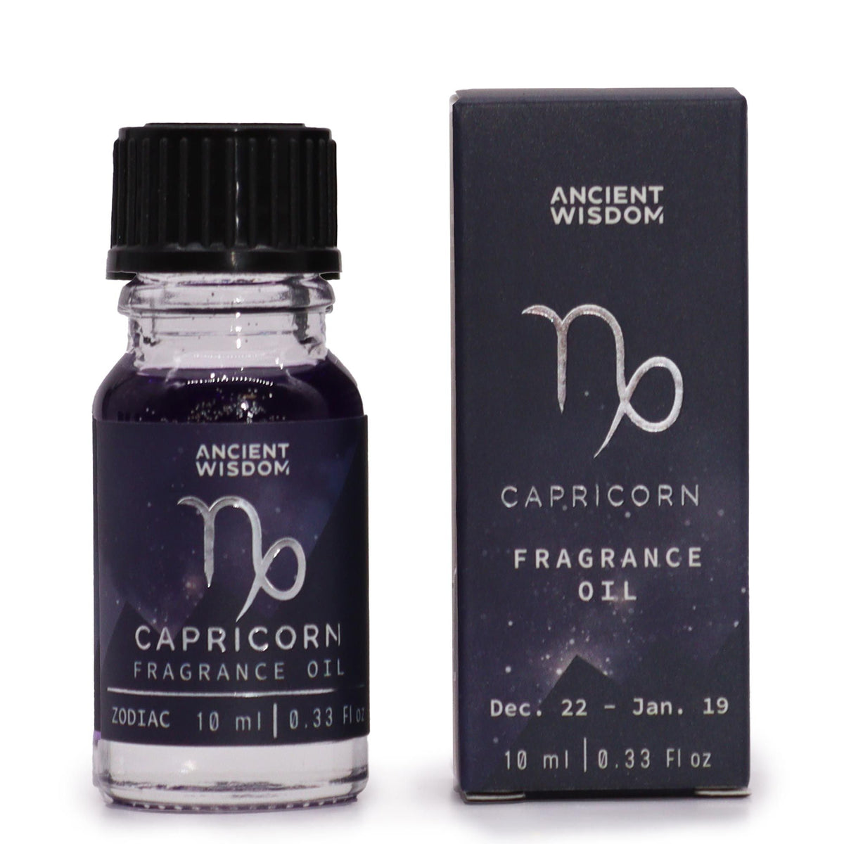 Capricorn zodiac fragrance oil bottle in dark purple glass next to its star-sign gift box