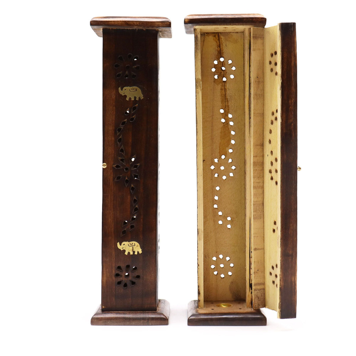 Square Incense Tower, Brass inlay, Mango Wood shown closed and open, with cut-out patterns and brass details