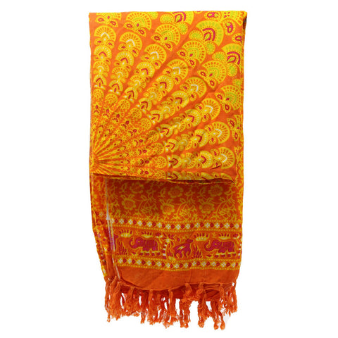 Lime and orange sarong folded to show its mandala design, patterned border and orange fringe
