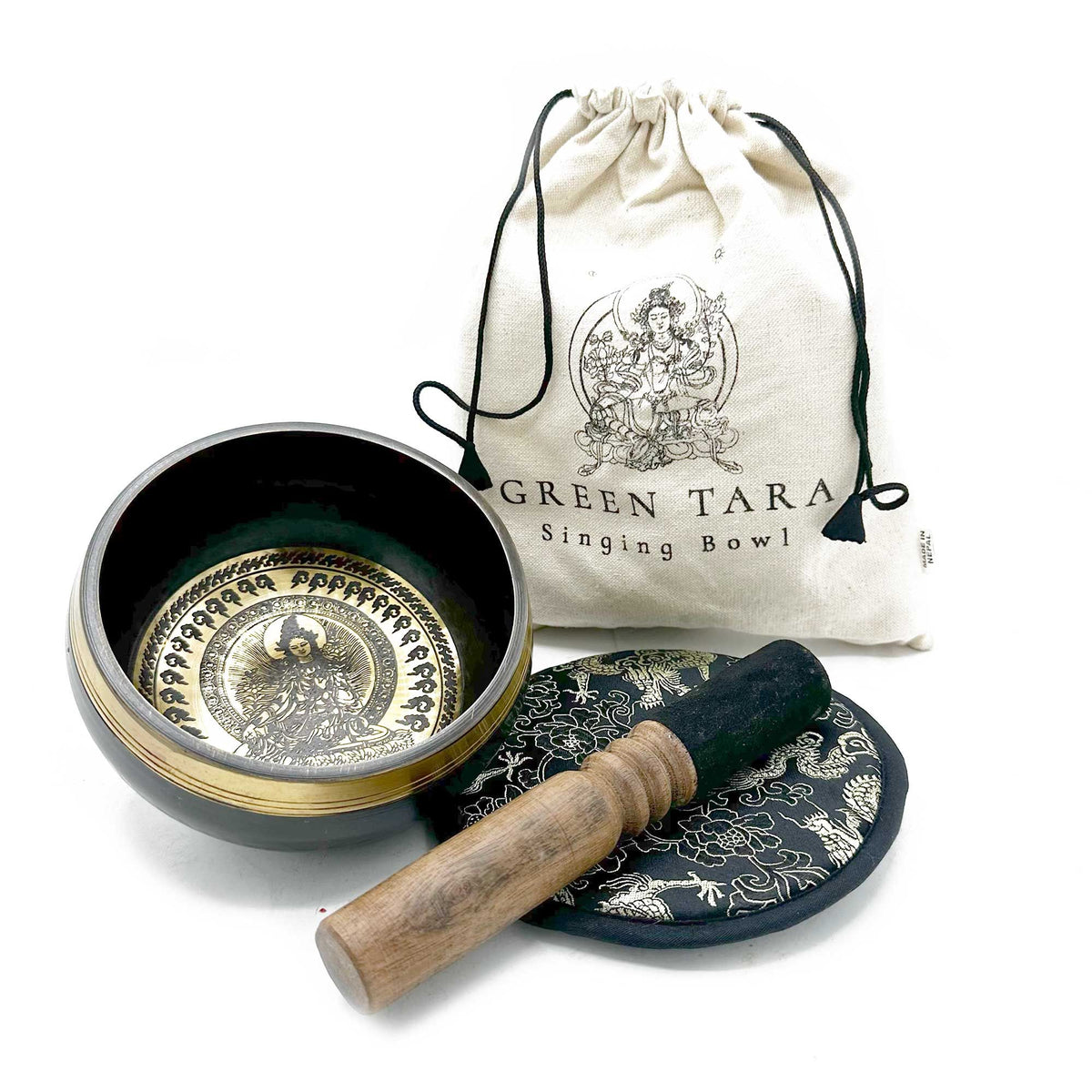 Hand Beaten & Engraved Singing Bowl Gift Set, 14cm, Green Tara, bowl, striker, cushion and drawstring bag