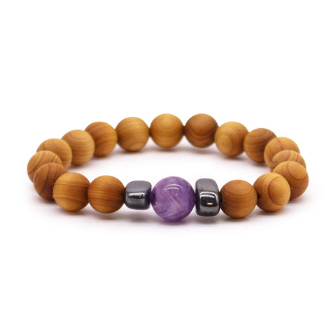 Cedarwood Third Eye Chakra Bangle with Amethyst, loop of wooden beads with purple centre bead