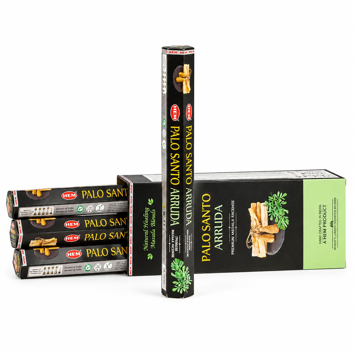 HEM Palo Santo Arruda incense pack beside stacked boxes