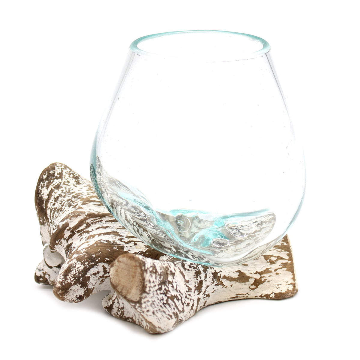 Empty glass bowl on a whitewashed wood base, shown from the front against a white background