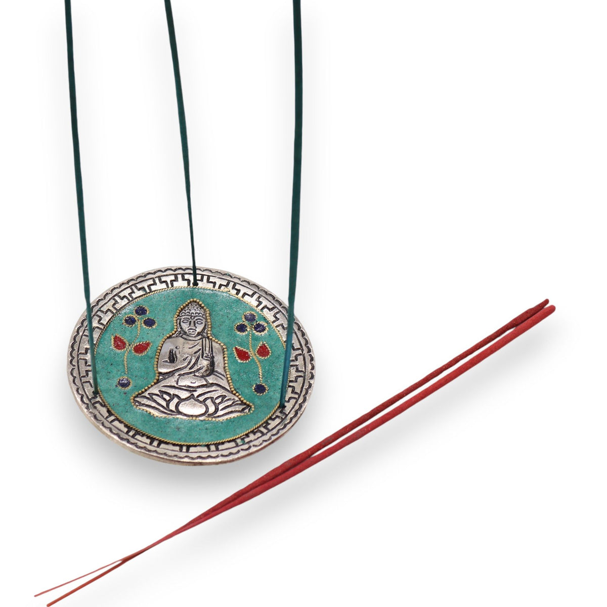 Buddha Green Decor Incense Holder, round green Buddha dish shown with two red incense sticks