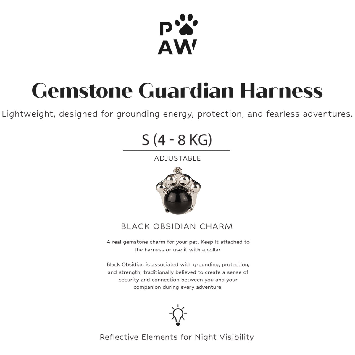 Harness size and black obsidian charm details on the packaging